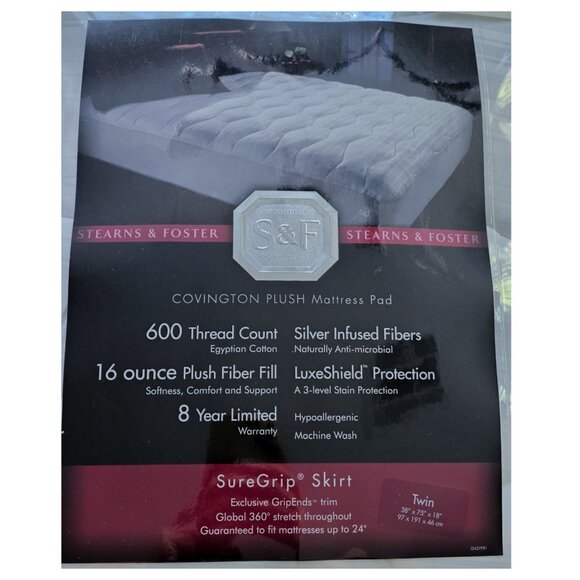 Stearns & Foster 600 Thread Count Covington Plush Mattress Pad Twin Size - Picture 3 of 7